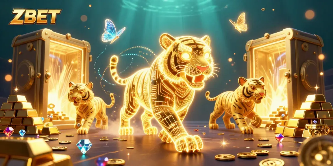 Experience ZBET's vibrant casino adventure with a dazzling golden tiger and sparkling treasures.