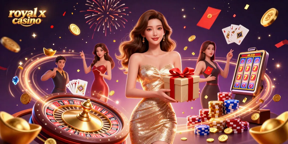 Engaging scene illustrating royal x casino with a festive Asian woman, golden coins, and vibrant gaming elements