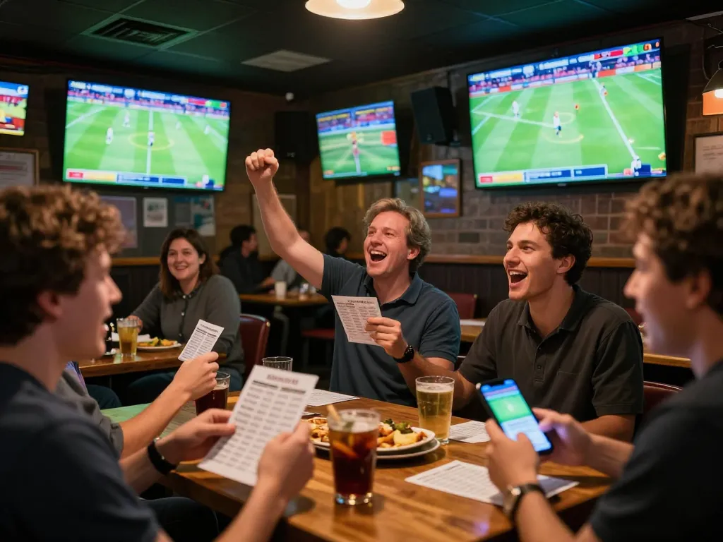 Socolive users engaging in sports betting action at a lively bar during a football match.