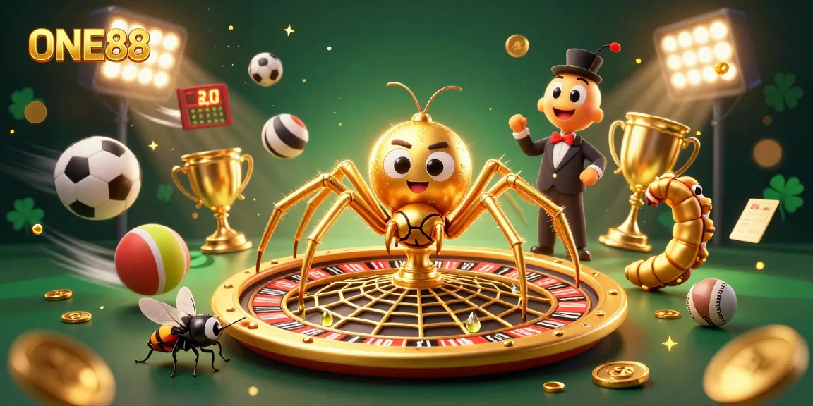Place bets confidently at ONE88, where a golden spider spins a roulette web surrounded by sports elements.