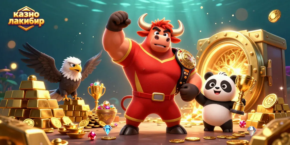 The dynamic scene showcases казино лакибир with a muscular bull, eagle, and panda celebrating a jackpot with gold and sparkling gems.