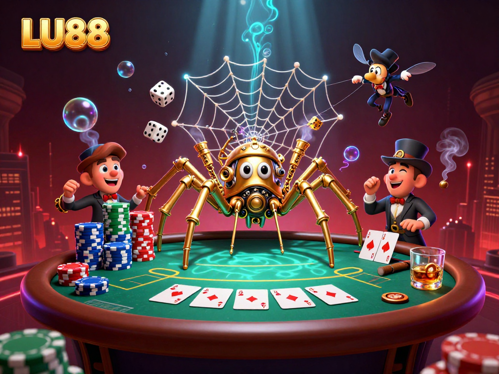 LU88 captures the thrill of poker with a steampunk spider and vibrant casino elements.