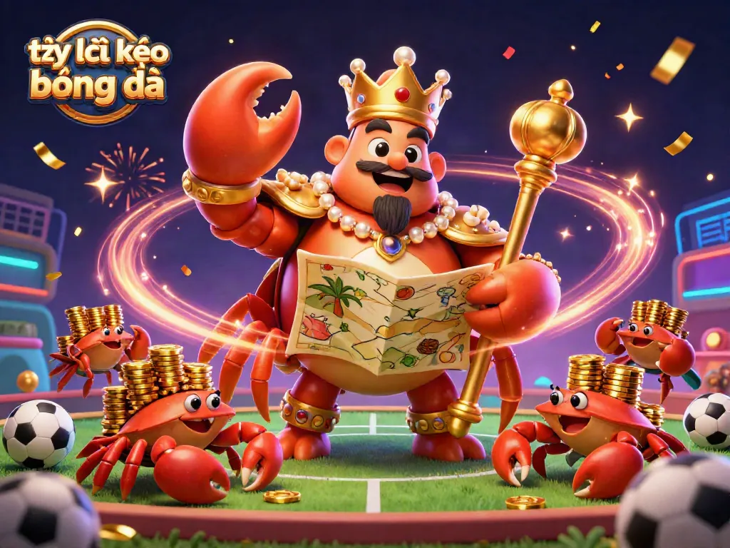 Tỷ lệ kèo bóng đá showcases dynamic sports betting elements with a golden crab emperor amidst colorful sports balls and celebratory confetti.