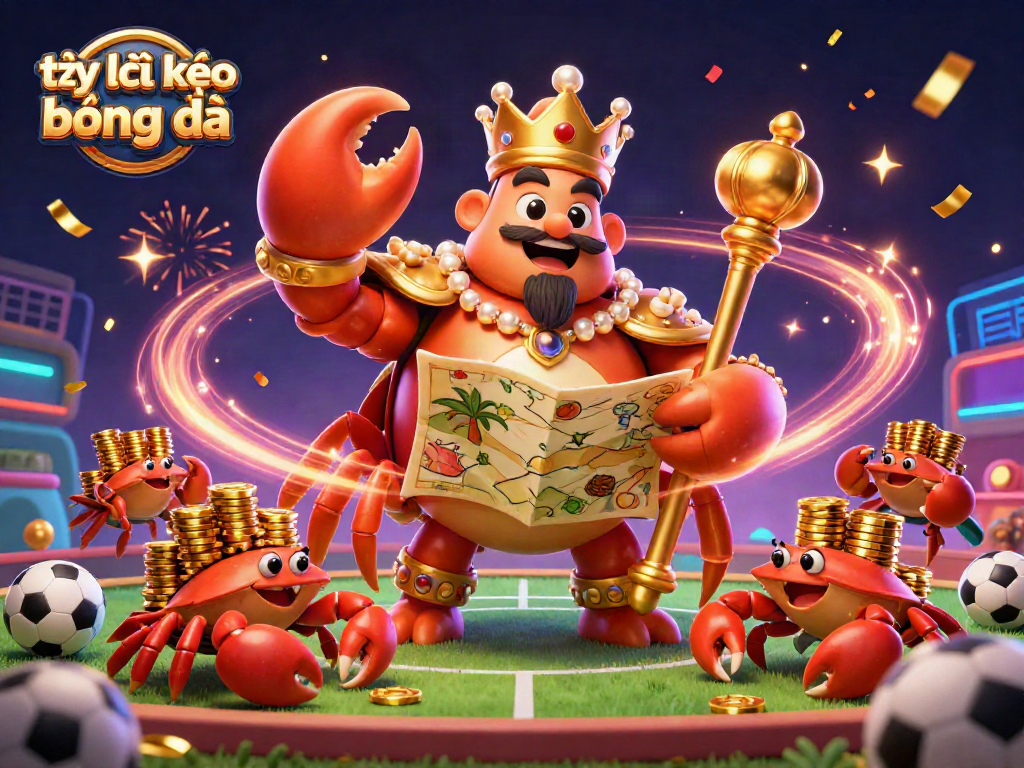 Tỷ lệ kèo bóng đá showcases dynamic sports betting elements with a golden crab emperor amidst colorful sports balls and celebratory confetti.