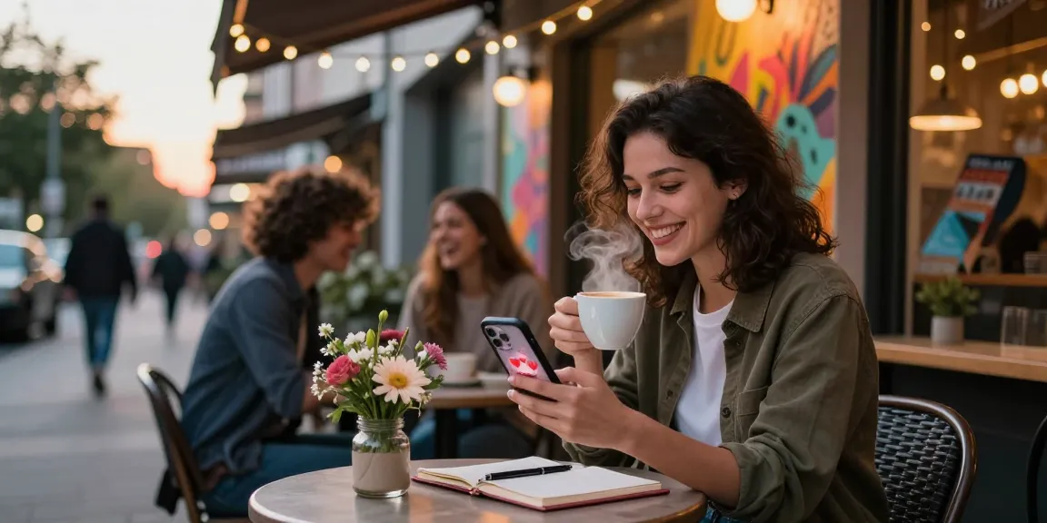 A young woman enjoying coffee while experiencing a crush on someone at an outdoor cafe, surrounded by whimsical fairy lights and vibrant street art.