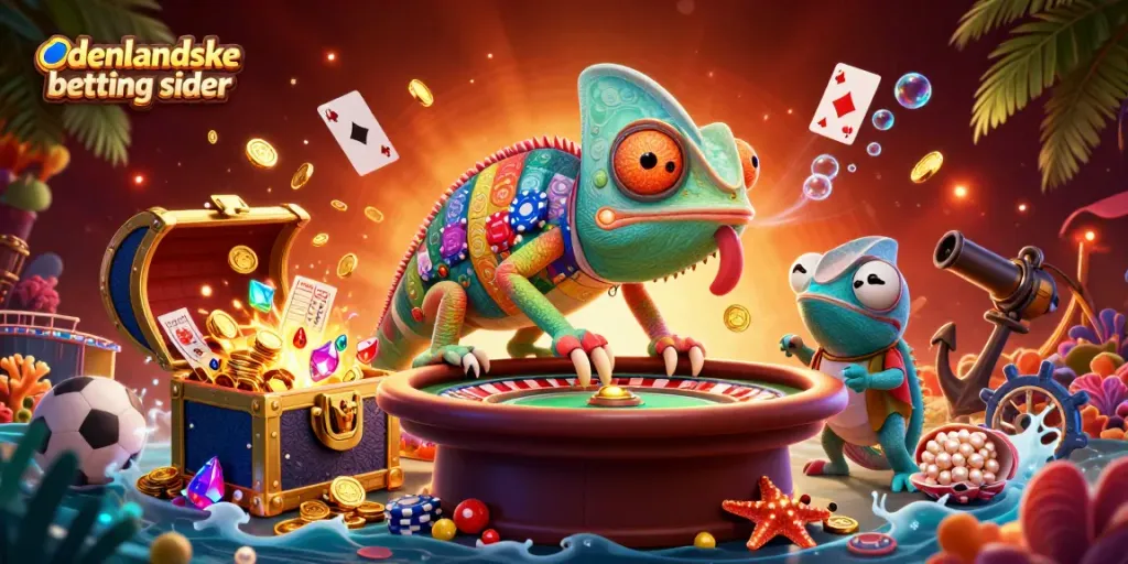 Engage with udenlandske betting sider featuring a colorful chameleon owner amidst a dynamic sports betting scene.