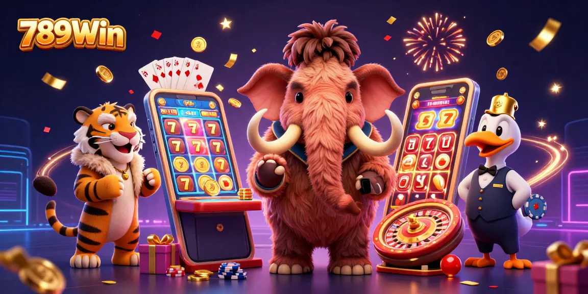 Bet big at 789Win with vibrant casino scene showcasing colorful slot games and VIP characters.
