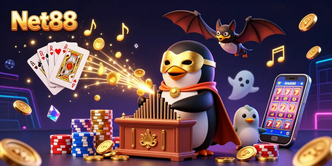 Net88 casino scene featuring a phantom penguin playing a gold organ with coins and sparkles.
