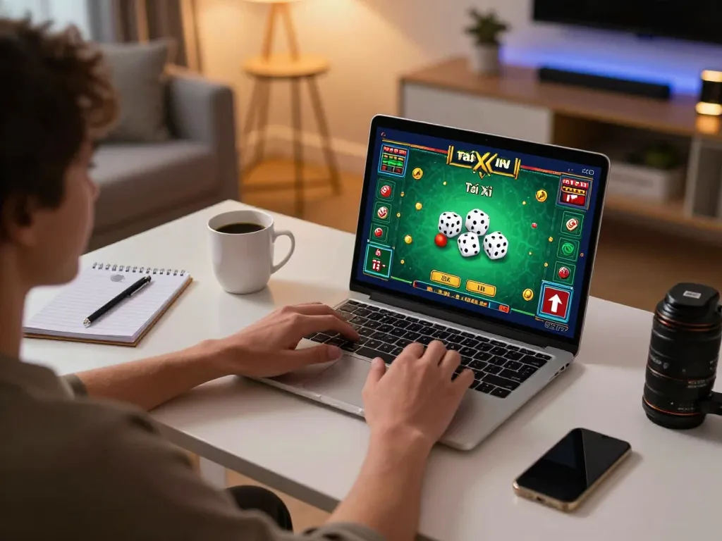 Tai Xiu Online gameplay on laptop at home, showcasing strategy and engagement on taixiuonlinego.