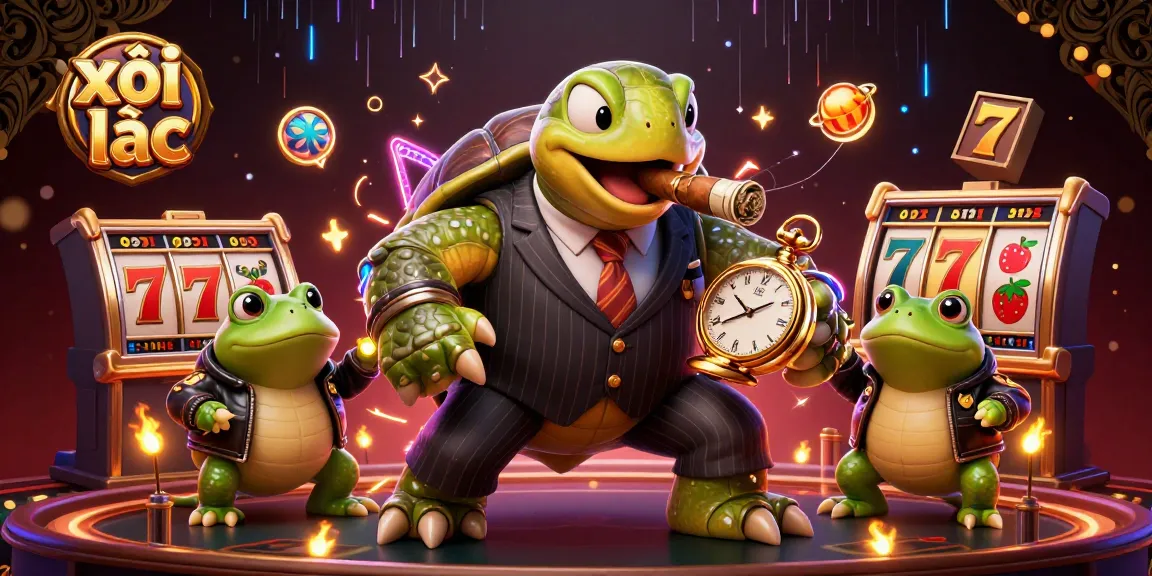 xôi lạc showcases a vibrant casino scene with a snapping turtle mobster and bullfrog enforcers, spinning slot reels.