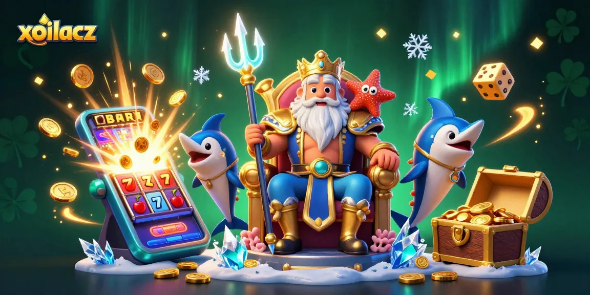 Xoilacz showcases an exciting scene with Neptune the sea king amidst a jackpot explosion, highlighting thrilling casino action.