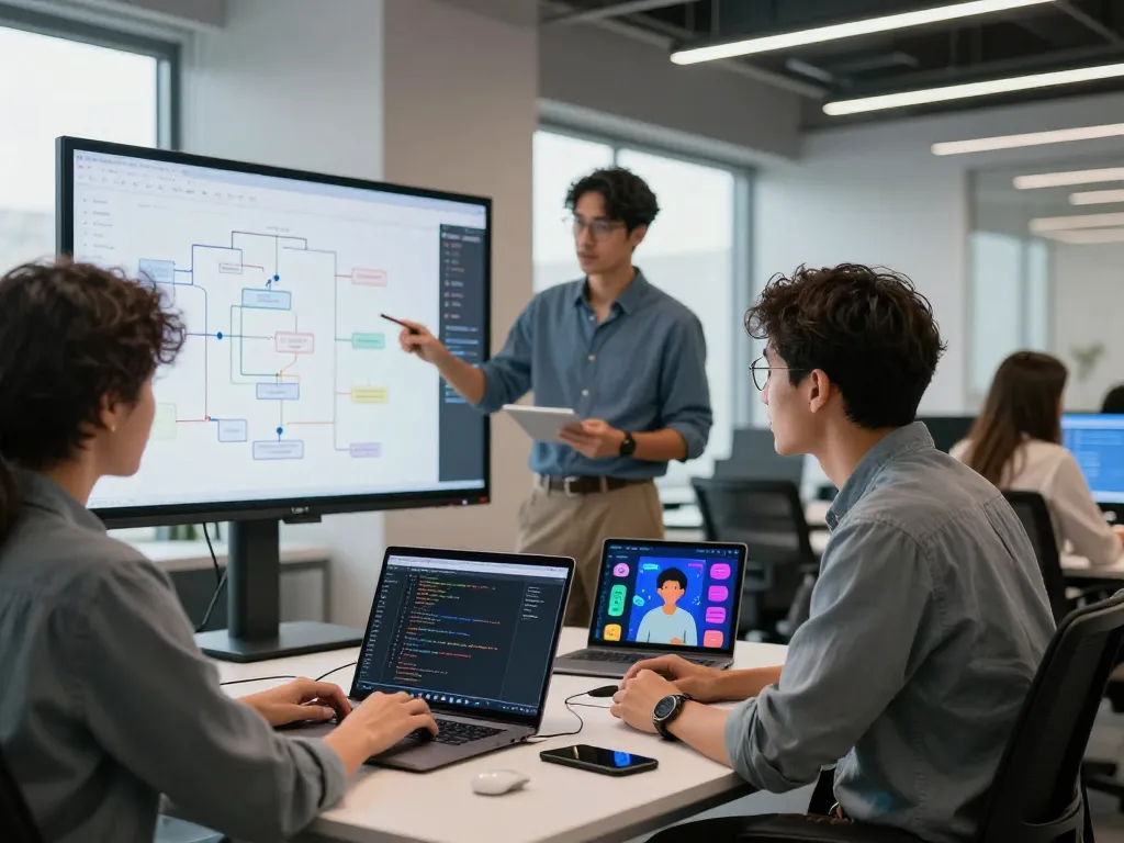 Innovative tech workspace showcasing teamwork with crush ai software development activities in a modern office.