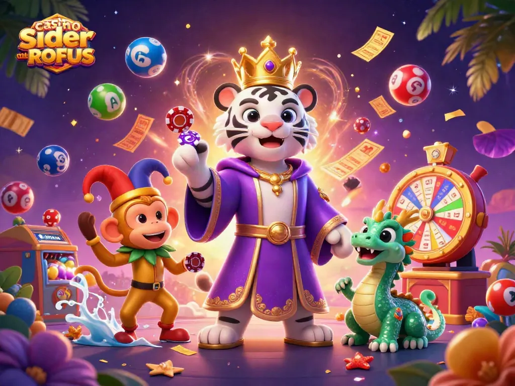 Experience dynamic play at casino sider uden ROFUS with a lively 3D casino illustration featuring fun characters.