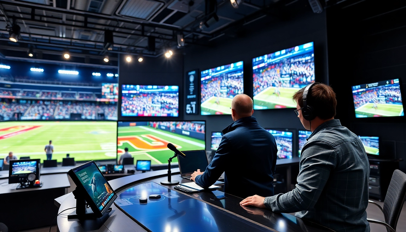 Sports Broadcasting studio featuring modern technology and live sports highlights on screen.