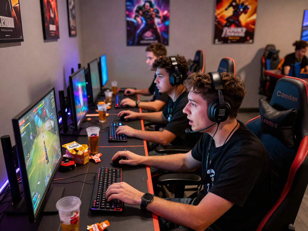 Players enjoying an exciting multiplayer porn game in a vibrant gaming setup with colorful graphics and snacks.