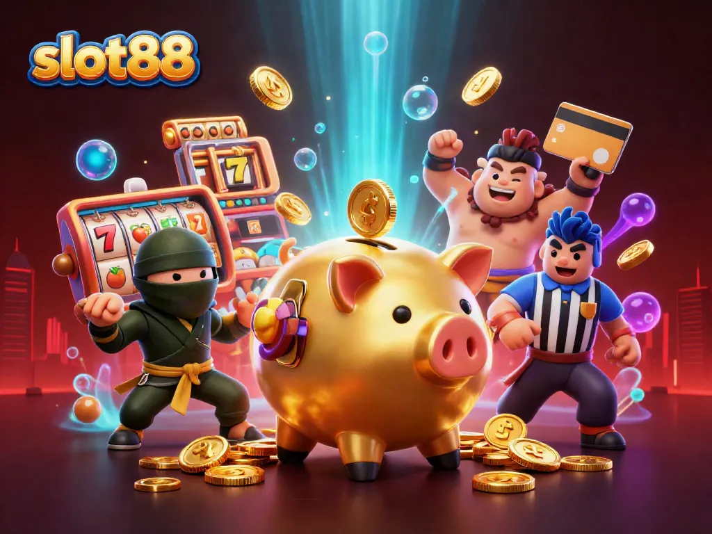 Experience thrilling gameplay with slot88 as a golden piggy bank sumo wrestler bursts coins everywhere in this dynamic casino scene.