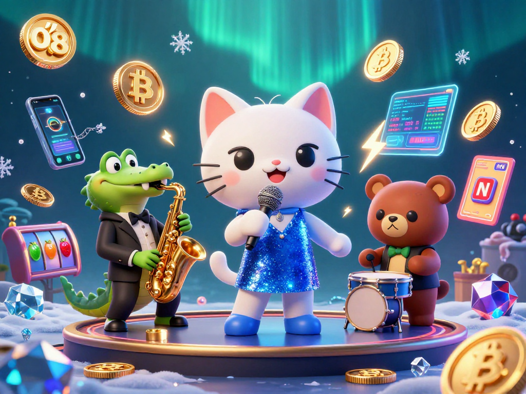 Jazz-singer cat performs live at O8 casino with vibrant crypto elements and animated characters.