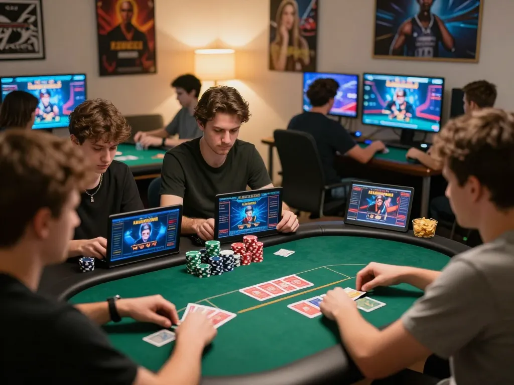 MAY88 online players strategizing during an exciting poker game at home with vibrant atmosphere.