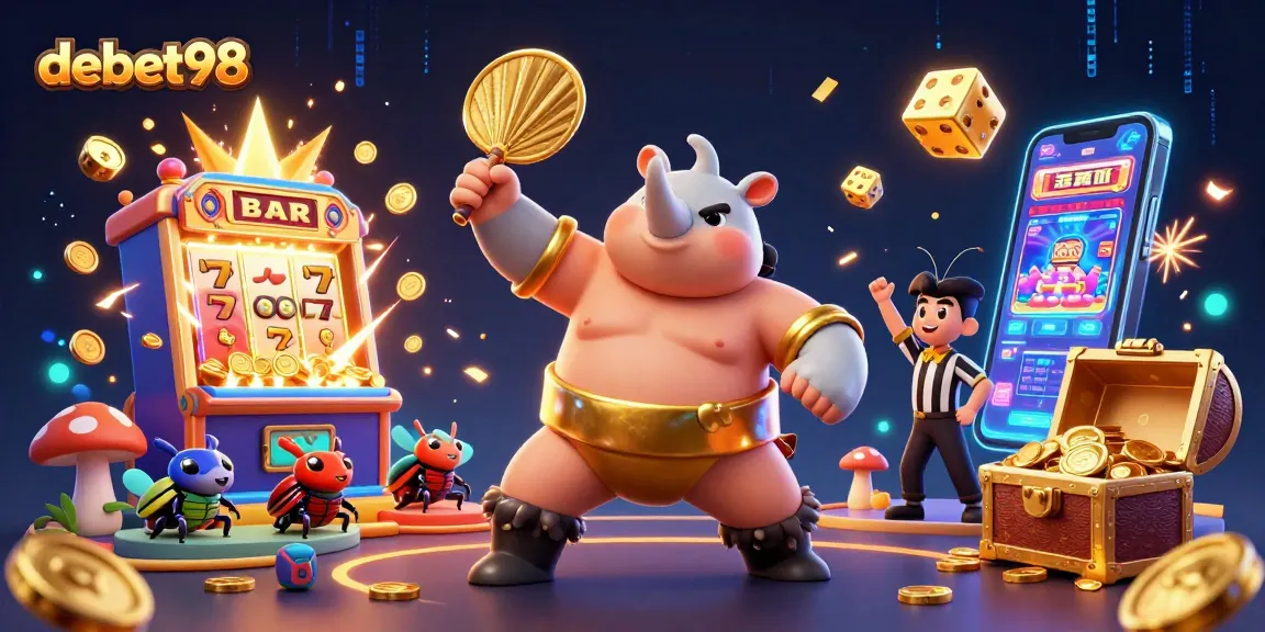 Experience exciting gameplay at debet98's vibrant casino scene with dynamic characters and golden treasures.