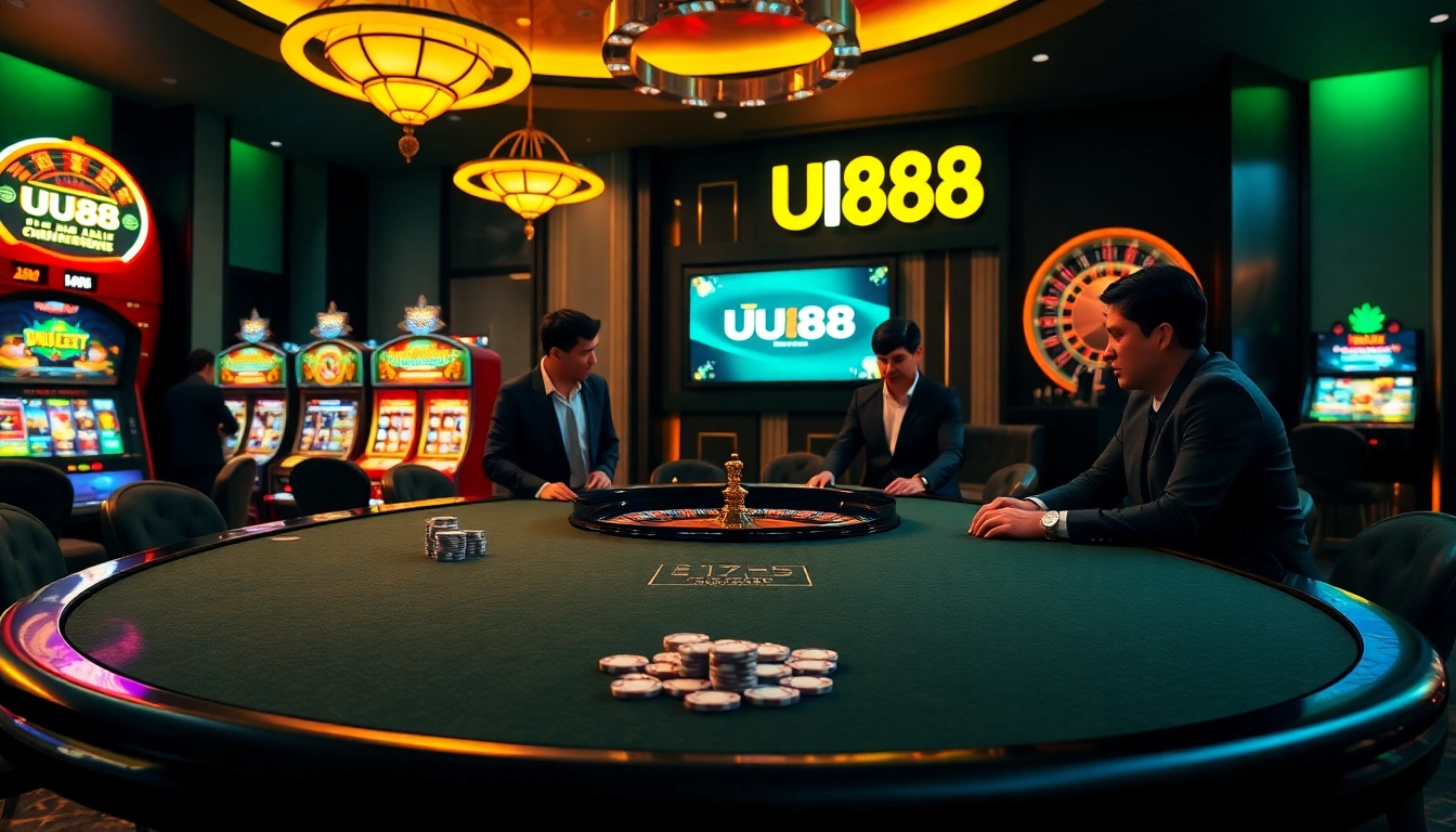 Exciting gamblers playing table games and enjoying slots at UU88 casino.
