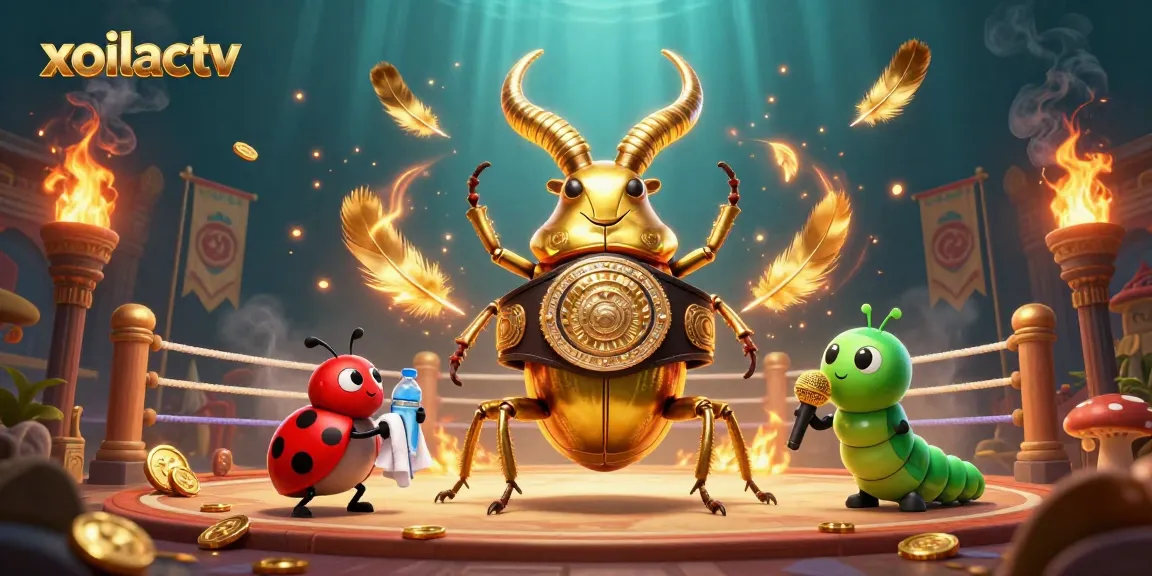 Xoilactv showcases dynamic sports betting with a giant beetle boxing champion surrounded by vibrant casino elements.