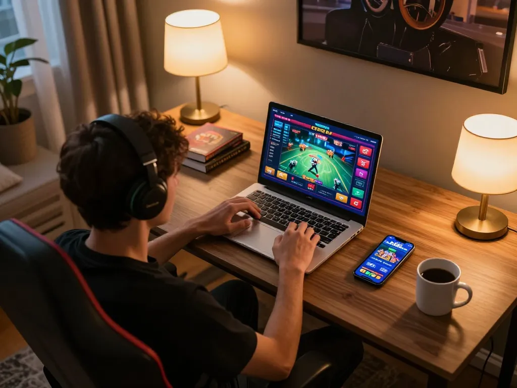 Gamer exploring DA88’s immersive online casino experience on laptop and smartphone in a cozy setup.
