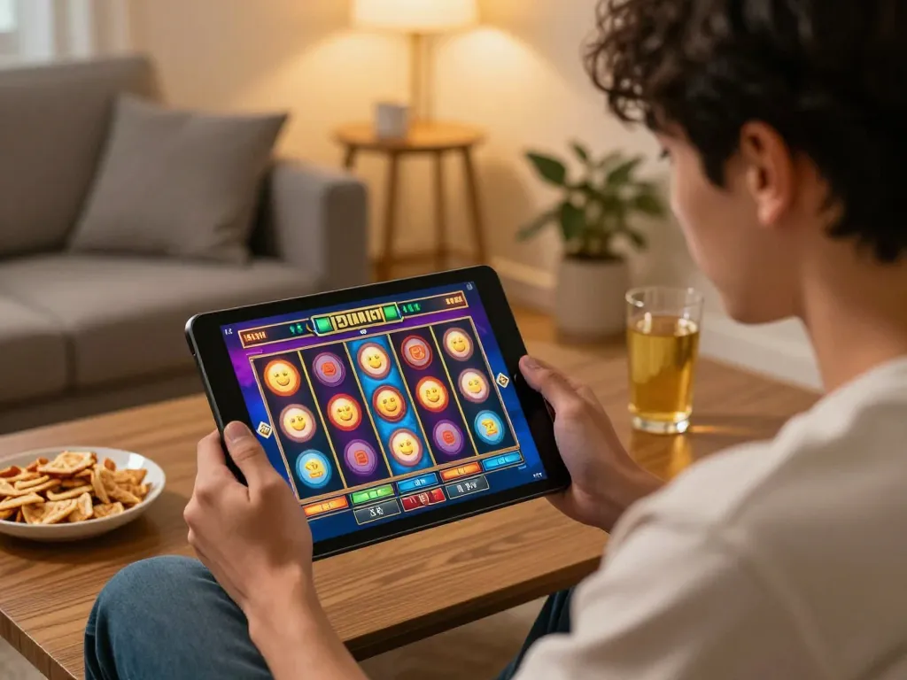 Engaged player enjoying online slot games at home with CWIN, highlighting an immersive gaming experience.