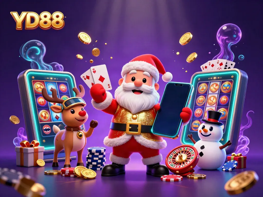 Engage in thrilling gaming adventures with YD88's cartoon Santa in a vibrant casino scene.