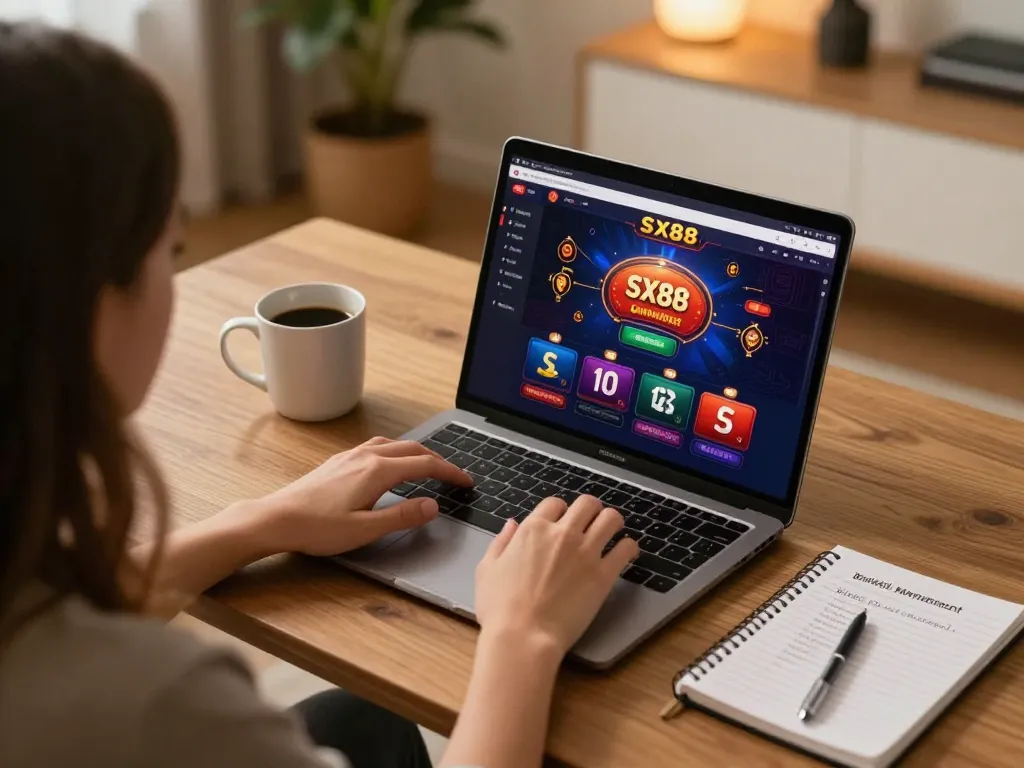 SX88 online casino gaming setup with player focused on laptop, cozy atmosphere.