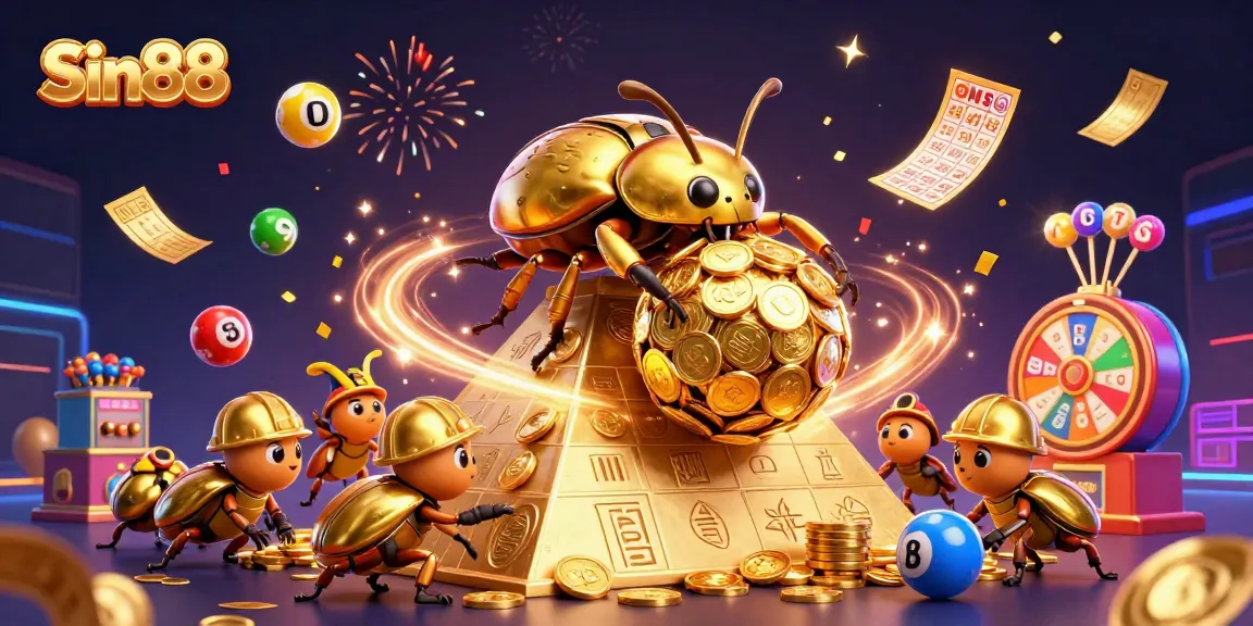 Experience thrilling wins at Sin88 with dynamic lottery games surrounded by golden beetles and festive effects.