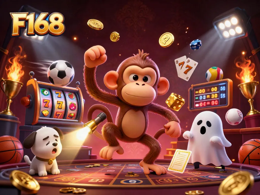 Engage with thrilling casino fun as F168 brings vibrant gaming elements to life in an energetic scene.