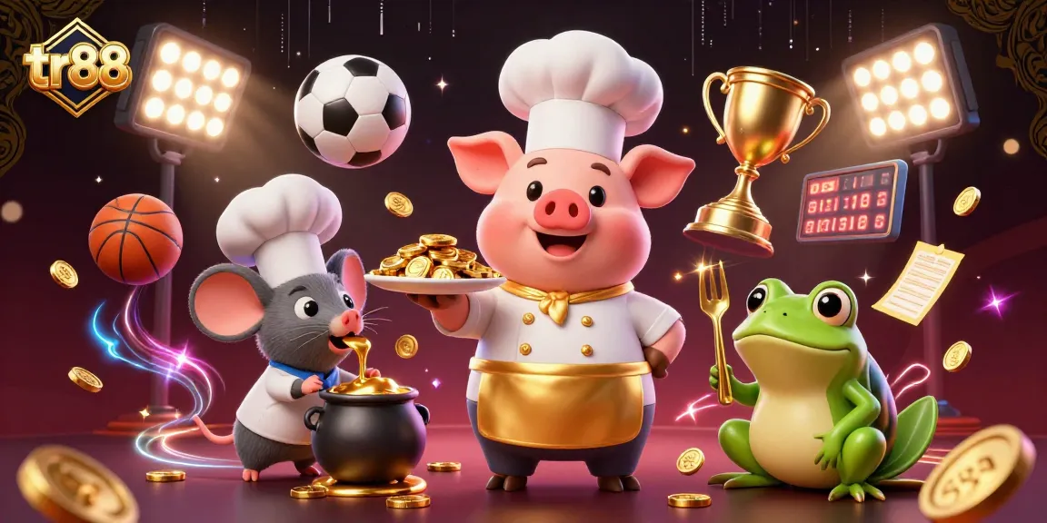 tr88 features a vibrant scene with a chef pig serving gold coins amid exciting sports elements.
