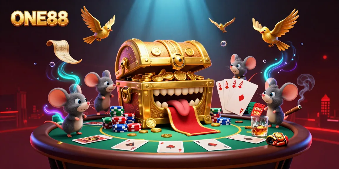 ONE88 lures gamers with casino excitement featuring treasure, poker elements, and vibrant animations.