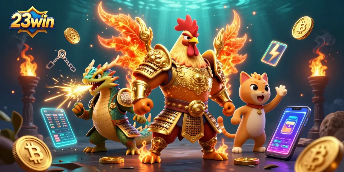 Engage with 23win, showcasing a vibrant 3D casino scene with characters and crypto elements.