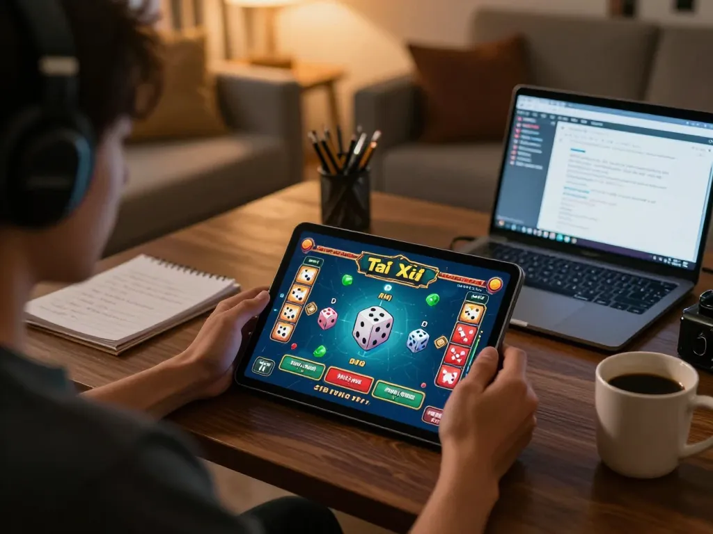 Tài xỉu online uy tín: Player engaging with Tài Xỉu online game on tablet, surrounded by strategy notes in a cozy environment.