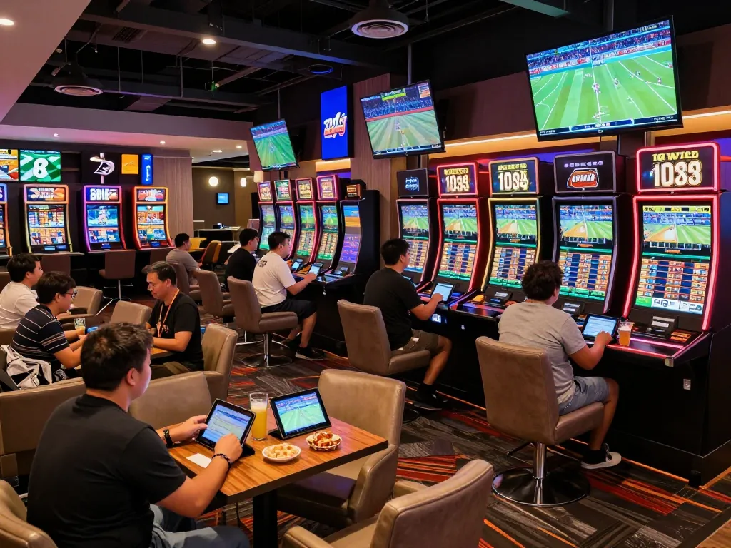 Tỷ lệ kèo nhà cái hôm nay sports betting lounge filled with engaged bettors analyzing odds.