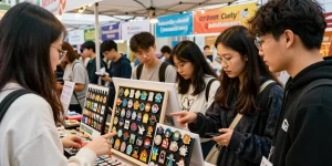 Colorful custom enamel pins displayed in an energetic marketplace scene where customers engage in vibrant designs.