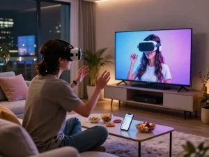 A person interacting with a girlfriend AI in a cozy living room, showcasing an engaging virtual reality experience.