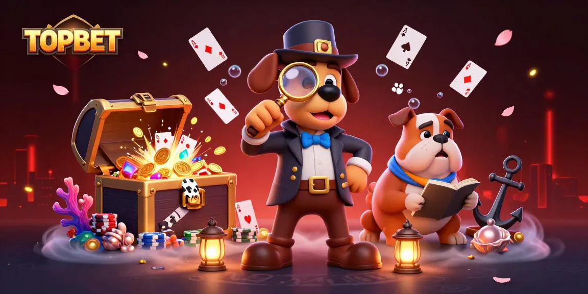 TOPBET showcases a detective bloodhound analyzing a poker chip in a vibrant casino-themed illustration.
