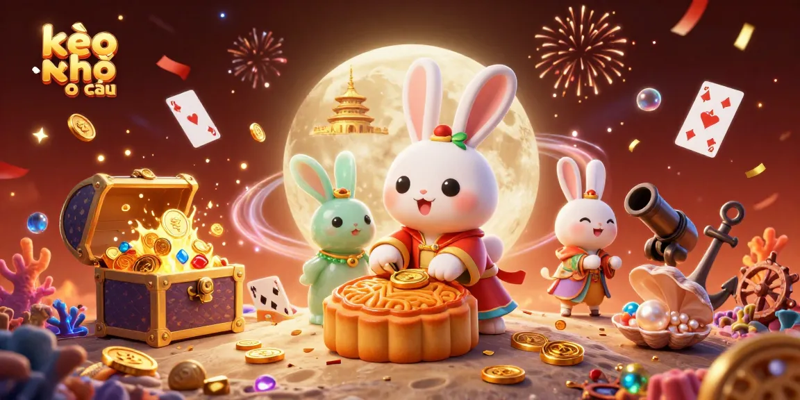 Experience kèo nhà cái with a joyful moon rabbit, poker chips, and vibrant casino treasures.