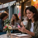 A young woman enjoying coffee while experiencing a crush on someone at an outdoor cafe, surrounded by whimsical fairy lights and vibrant street art.