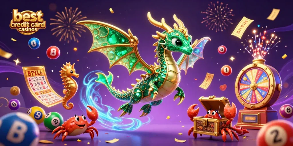 Engage with the best credit card casinos featuring a dynamic scene of a sea dragon and game elements.