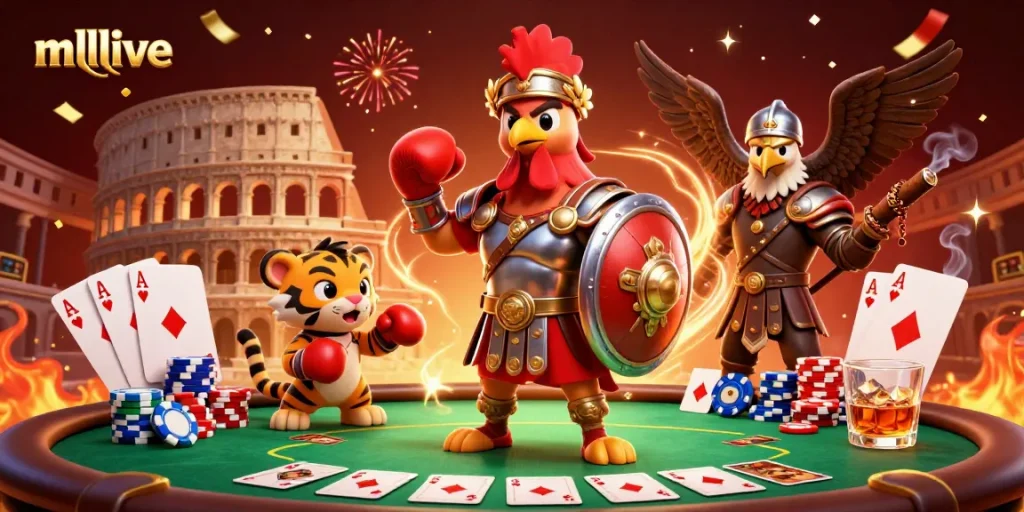 Engage with mmlive as a gladiator rooster showcases vibrant poker action in an arena setting.