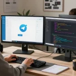 Young developer using Telegram Web Version in a modern workspace with dual monitors and natural light.