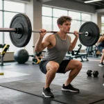 Bodybuilder at Steroide Boutique performing barbell squats in bright gym, showcasing strength training techniques.