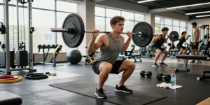 Bodybuilder at Steroide Boutique performing barbell squats in bright gym, showcasing strength training techniques.