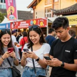 Group of friends exploring rokok88 alternatif at a vibrant outdoor event with food stalls and engaging atmosphere.