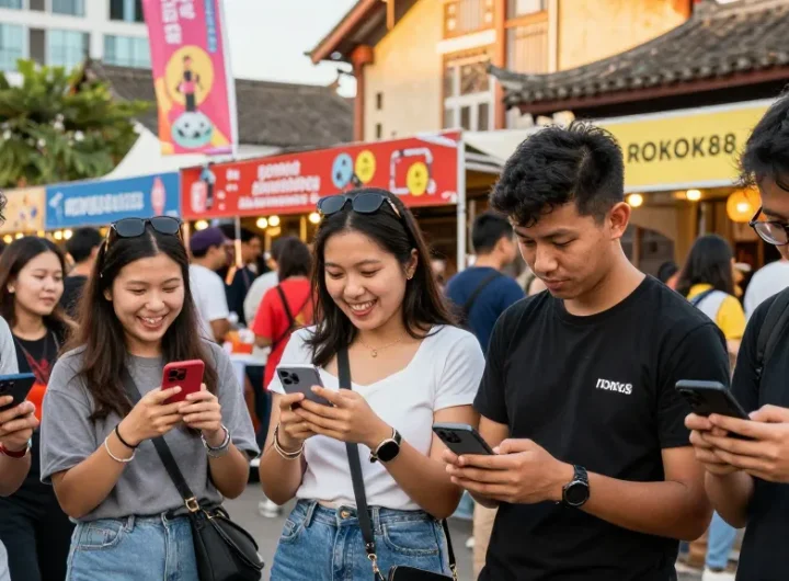 Group of friends exploring rokok88 alternatif at a vibrant outdoor event with food stalls and engaging atmosphere.