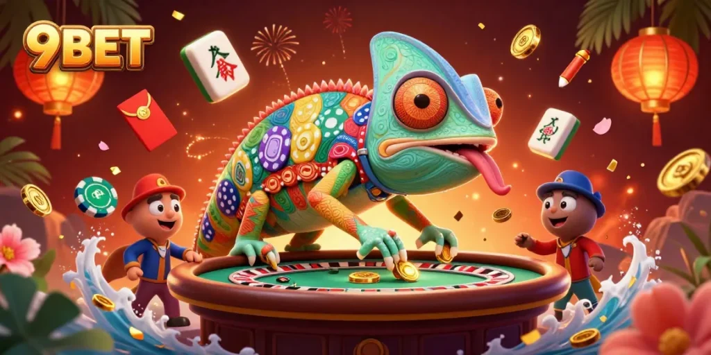 9BET offers vibrant casino experiences with a colorful chameleon character embodying excitement and luck.