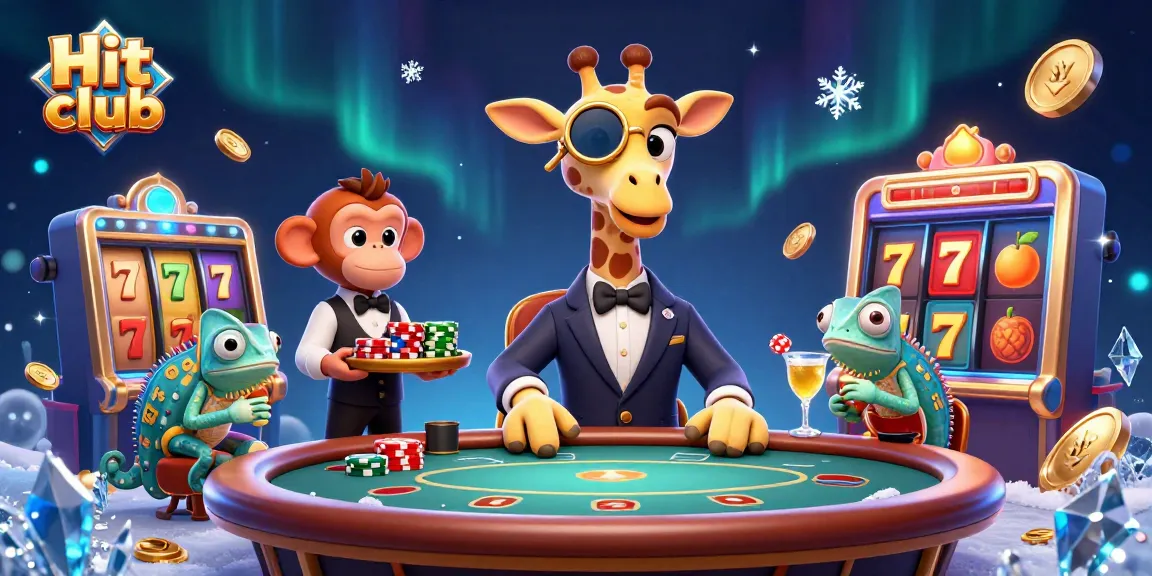 Hit club players enjoy vibrant online slots while a giraffe rolls the dice at the casino.